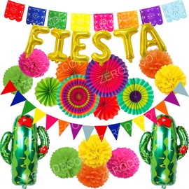 ZERODECO Cinco De Mayo Decorations, Multicolor Fiesta Tissue Pompoms Paper Flowers with Paper Fans Garlands String and Triangle Bunting Banner Hanging Swirls for Birthday Fiesta or Mexican Party