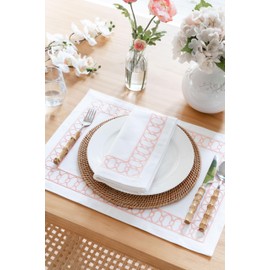 Hofdeco Premium Coastal Patio Indoor Outdoor Placemat Set of 4, 14"x19" Double-Layered, Waterproof Cloth Placemat for Kitchen or Dining Table. Blush Pink Embroidered Frame