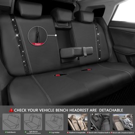 CAR PASS Bling Rhinestone Leather Back Seat Cover, Waterproof Bench Rear Seat Cover Shining Diamond Universal Fit Automotive Glitter Crystal Sparkle Strips for Kid Women Girl, Black Diamond