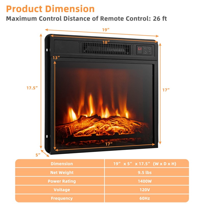 ARLIME 18” Electric Fireplace Insert, Small Recessed Firebox Heater w/Realistic