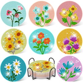 8 Pcs Diamond Painting Coasters with Holder, Diamond Art Coasters for Beginners, Adults & Beginner Diamond Art Kits for Adults, Craft Supplies