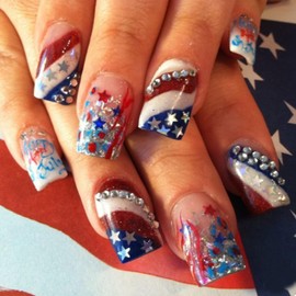 Independence Day False Nails Square Press on Nails Medium Stripe Rhinestones and Stars Design French False Nails Artificial Acrylic Nails Full Cover Glossy Coffin Nails Glue on Nails for Women July 4