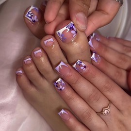 48Pcs Purple French Tips Press on Toenails Flower Press on Nails Short Square False Nails with Lilac Floral Design White French Tips Fake Toenails Glossy Summer Fake Nails Kit for Women Girls Manicure