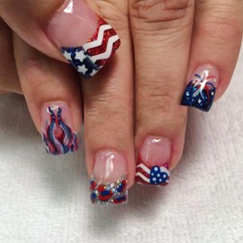 24Pcs Independence Day Press on Nails Short Square Fake Nails with Flame Leopard Print Firework USA Flag Designs Glitter French Tip False Nails 4th of July Patriotic Artificial Glue on Nails for Women
