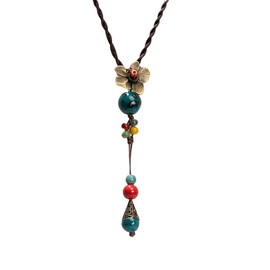 GYRMMUE Boho Vintage Ceramic Floral Beaded Long Necklace for Women Colorful Ceramic Beam Flower Charm Pendant Necklace Adjustable Long Ceramics Beads Beaded Tassel Y Necklace (Blue)