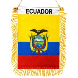 Anley 4 X 6 Inch Ecuador Fringy Window Hanging Flag - Mini Flag Banner & Car Rearview Mirror Décor - Fringed & Double Sided - Ecuadorian Hanging Flag with Suction Cup