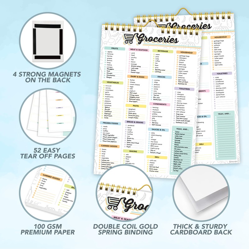 Decorably 52 Sheets Pastel Rainbow Grocery Planner Magnetic with Strong