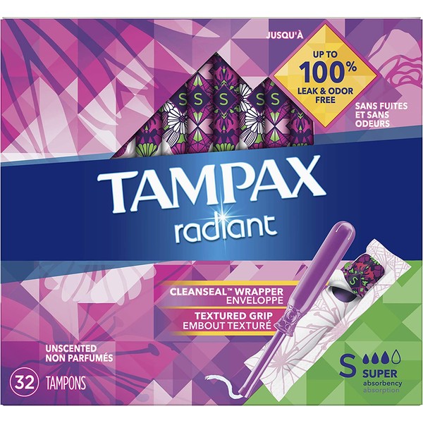 Tampax Radiant Plastic Tampons, Super Absorbency, Unscented, 28 Count