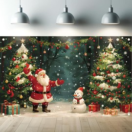 Saoplasa Christmas Backdrop Santa Claus Snowman Christmas Tree Forest Scene Banner 71 x 43 Inch Holiday Photography Background for Xmas Party Decorations Indoor Outdoor Winter Photo Wall Decor