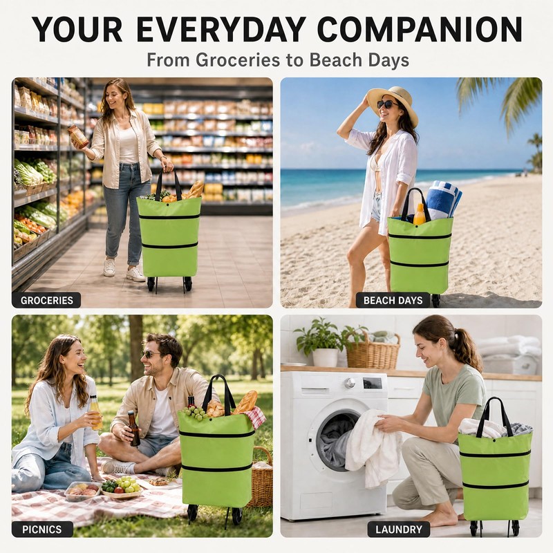 Foldable Shopping Bag with Wheels, 2-in-1 Foldable Shopping Cart, Ultra-Light