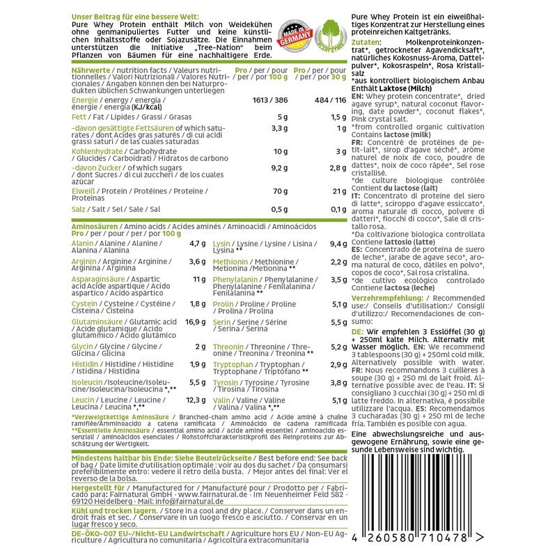 Organic Whey Protein Powder Coconut without Chemicals [Regional from Germany]