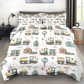 Pamnest Comforter Set Twin Size, Cute Cartoon Train 2 Pcs Soft Bedding for Kids and Adults, Green Barn Tree Comforter Set with Pillowcase, for Bedroom Bed Decor