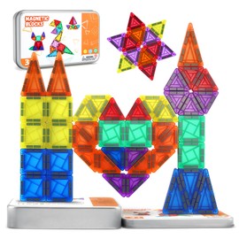 Mini Magnetic Tiles Travel Toys Set, 42-Piece Travel Magnet Building Blocks Set Magnetic Tiles with Iron Box Base STEM Montessori Toys for Boys & Girls 3+ Year Old Plane Activities for Kids