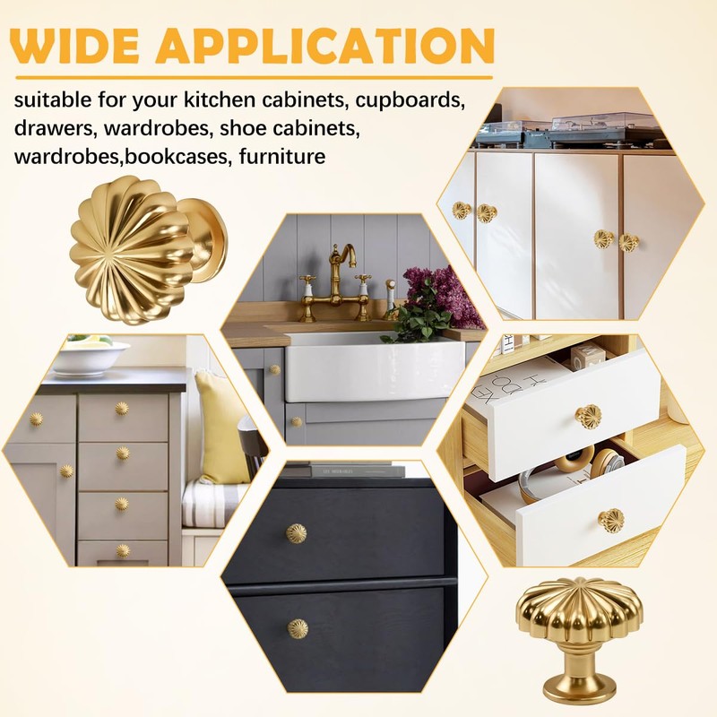 YBCCBY 12 Pack Gold Cabinet Knobs, Pumpkin-Shaped Brass Handle, 28mm