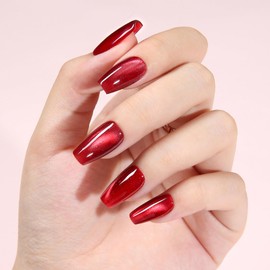 CHRISTINE SHELLY Press On Nails Reusable Handmade CatEye Sparkle Manicure Glitter Effect Custom Nail Medium Coffin Red 10Pics With Professional Nail Kit (M)