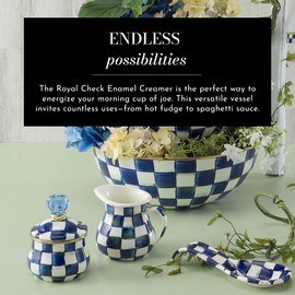MACKENZIE-CHILDS Enamel Creamer, Creamer Dispenser with Pour Spout, Kitchen Enamelware, 14-Ounce Capacity, Blue-and-White Royal Check