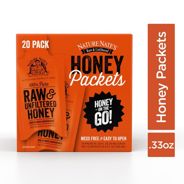 Nature Nate’s 100% Pure Raw & Unfiltered Honey; 20 Count Box; Small Honey Packets in Bulk (10 mL/PKT); Enjoy Honey’s Balanced Flavor, Just as Nature Intended; Fresh, Convenient and Easy to Carry Snack
