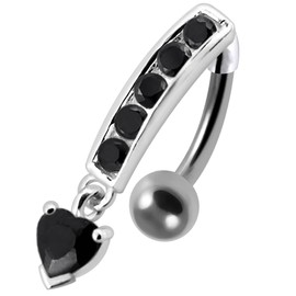Black CZ Crystal Stone Round Gems Curved Reverse Bar with Heart Dangling 925 Sterling Silver Belly Ring Body Jewelry