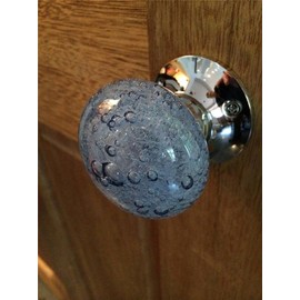 Beautiful Pair of Large Blue Contemporary/Retro Round Smooth Bubble Glass Chrome Mortice Door Knobs/Handles