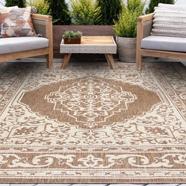 Water & Fade Resistant 4x6 Indoor Outdoor Rug for Patio, Deck, Porch, Entryway | Outside Area Rugs for Patios | 4' x 5'3'' Brown