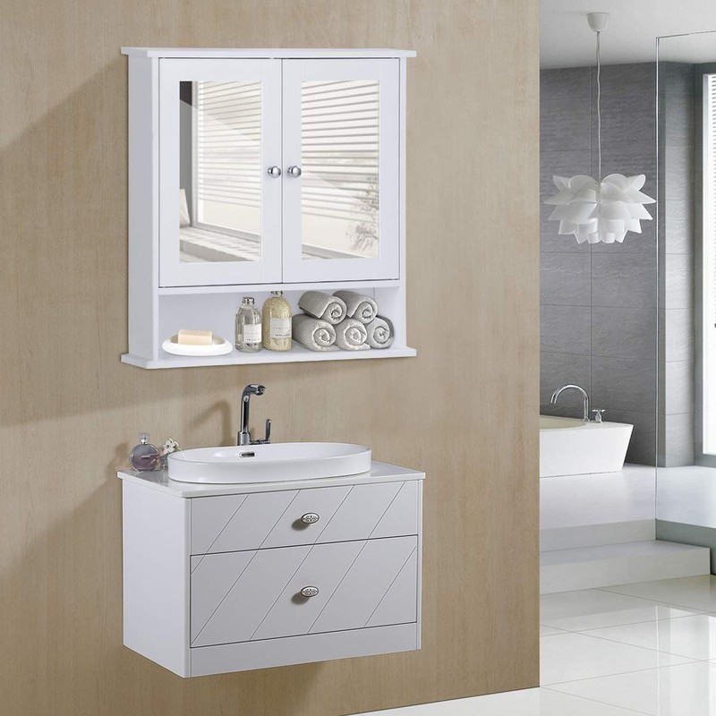 Multi-Function Toilet Wall Cabinet with Double Mirror Doors, Space-Saving Storage,