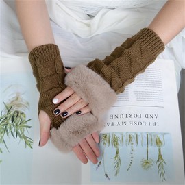 LERTREE Women's Fingerless Gloves with Faux Fur, Winter Warm Knit Half Finger Mitten (Khaki, L)