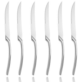 Lemeya - Juego de 6 cuchillos para carne, cuchillos de acero inoxidable, cuchillos serrados ultraafilados, 25,4 cm, pulido con espejo, apto para lavavajillas (plata)