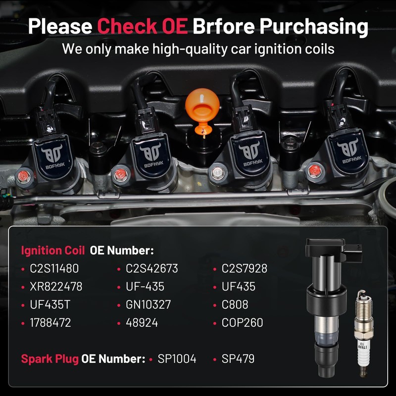 BDFHYK Ignition Coil Pack UF435 and Iridium Spark Plugs SP479