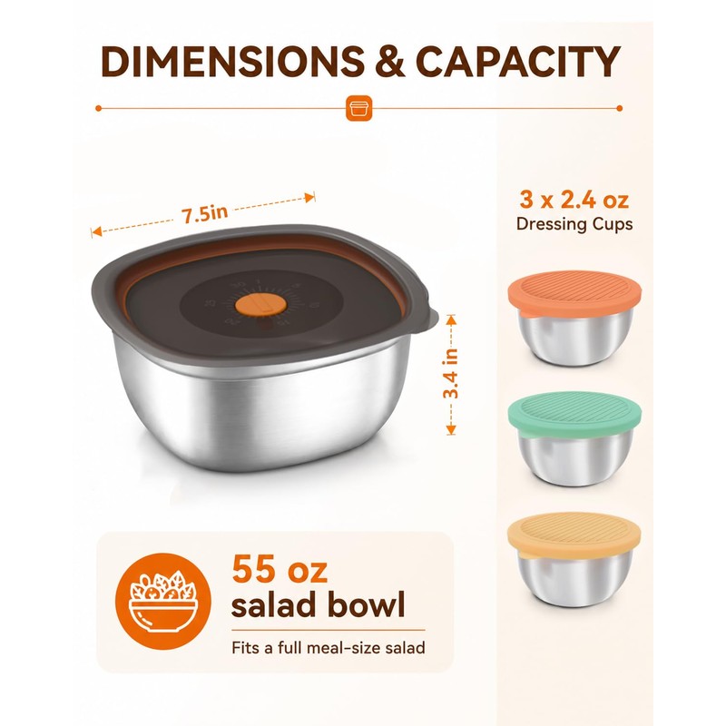 Miradexic 3-Pack Stainless Steel Salad Bowls to Go for Lunch,