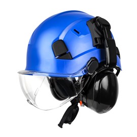 SMASYS Safety Hard Hat with Visor Ear Muffs- Adjustable ABS Climbing Helmet 6-Point Suspension Perfect for Construction Head Protection Hardhats Hear, Bule (Bule Hard Hat with Clear Visor-Earmuffs)