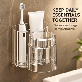 Wall-Mounted Toothbrush Holder with Mouthwash Cup - Transparent 2-Piece Bathroom Organizer with Separate Compartments