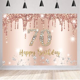 Happy 70th Birthday Decorations Backdrop Banner for Women Happy 70 Years Old Party Sign Poster Rosegold Photography Background 70th Birthday Party Supplies, 150x90cm