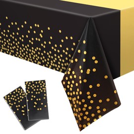 GREATRIL Black Gold Party Table Covers Tablecloth for Graduations/New Years Eve/Ceremony/Birthdays Decorations Rectangle Tablecover 54'' x 108'' - 2 Packs