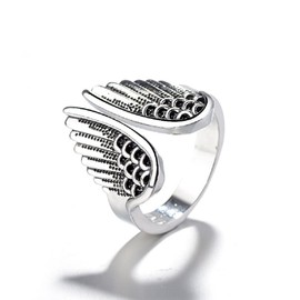 925 Silver Ladies Angel Wings Ring Vintage Thai Silver Stained Black Angel Wings Open Ring Hip Hop Rock Eternity Engagement Wedding Anniversary Band Cocktail Ring 592 (black)