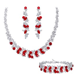 Clearine Statement Jewellery Set Women's Wedding Bridal Crystal Cluster Necklace Collar Choker Dangle Earrings and Bracelet Set Black Silver Tone, Alloy Steel Crystal Alloy steel, Ruby