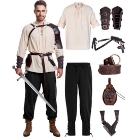 8 Pcs Renaissance Costume for Men Medieval Pirate Shirt Pant with Viking Belt Bracer Bag Scabbard and Shoulder Armor (Classic Color, XX-Large)