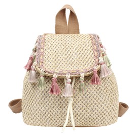 Women Mini Straw Flap Backpack Boho Summer Fringed Tassel Shoulder Bag Woven Backpack Casual Daypack For Beach Holiday Daily Use