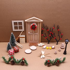 nabeta deco Christmas Dollhouse Miniature Decoration Dolls Accessories Furniture Natural Wooden Gnome Door Complete Set Wooden Tree Chick Gate Gate Mini Christmas Wreath