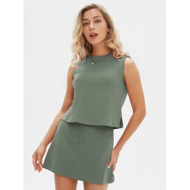 EXLURA Womens Summer 2 Piece Short Skirt Sets Sleeveless Top and Tennis Skorts Dressy Cotton Matching Sweatsuits Outfits 2025 Grey Green