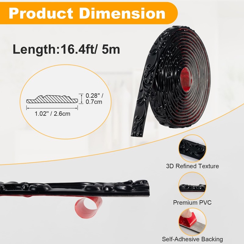 16.4FT x 1.02'' Black Peel and Stick Crown Molding Trim