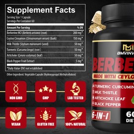 Berberine Supplement with Ceylon Cinnamon, Turmeric, Artichoke, Milk Thistle - Berberine HCl Supplement Pills - 60 Capsules [2-Month Supply]