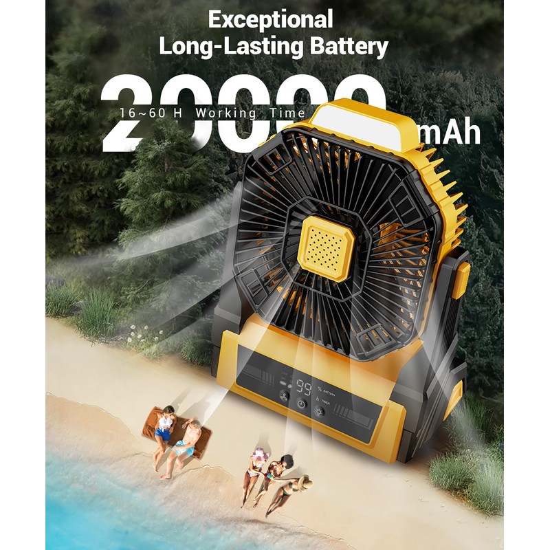 KopBeau Portable Camping Fan with Lights, 20000mAh Rechargeable Battery Operated