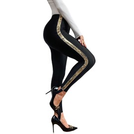SweatyRocks Women's Casual High Elastic Waist Leggings Rhinestone Side Skinny Pants Tights Black Gold Medium