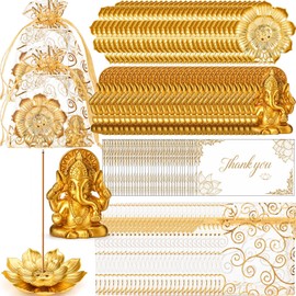 AceOrbit 30 Sets Indian Return Gifts for Pooja Bulk Diwali Gifts Bulk Gold Lotus Incense Sticks Holder with Mini Golden Ganesha Figurines Organza Bags & Thank You Cards Indian Return Gift