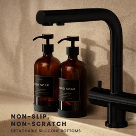 Hand and Dish Soap Dispenser for Kitchen and Bathroom, Set of 2 16 Oz Glass Bottles, Stainless Steel Pumps, Non-Slip Silicone Base, 27 Waterproof Labels (Amber Bottle/Black Pump)