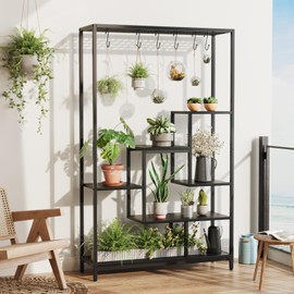 Indoor Plant Stand 5-Tier Tall 70.9", Large Metal Plant Shelf with Hanging Hooks, Multi-Purpose Display Rack, Flower Bonsai Pots Organizer for Garden, Balcony, Living Room, Black