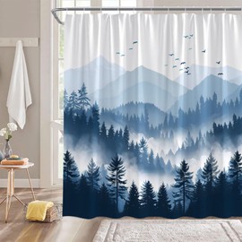 Misty Forest Shower Curtain Blue Abstract Mountain Foggy Forest Birds Rustic Nature Scenery Landscape Bathroom Decor Curtain with Hooks,70Wx70H Inches