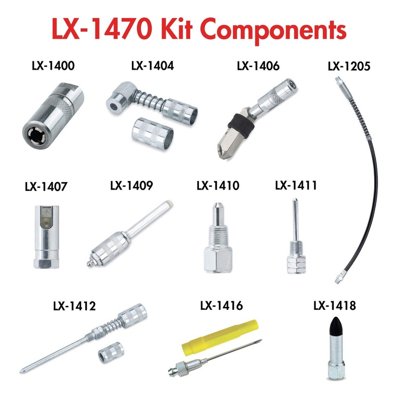 Lumax LX-1470 Silver Lubrication Accessory Kit, 11-Piece. Kit Contains 11