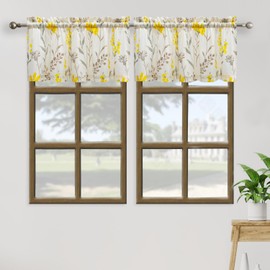 July Joy Printed Valance Linen Textured for Living Room Floral Leaf Design Sheer Curtains Farmhouse Style Window Panel Drapes Set Rod Porket Treatment for Bedroom, Dining, 52 x 18 inch, Yellow