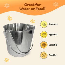 1 Quart Heavy Duty Stainless Steel Flat Side Bucket | Durable Food & Water Pail for Dogs, Cats, Kennels, Cages and Critter Crates | Multi-Purpose Bucket
